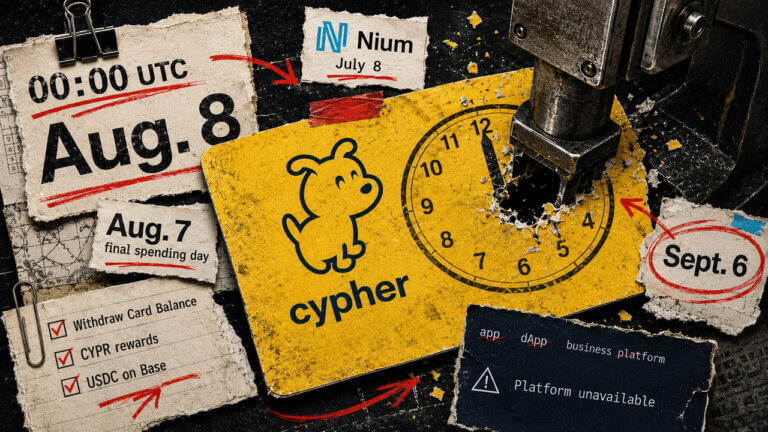 Yellow Cypher card and midnight clock pierced by an industrial punch, surrounded by torn notes marking card and platform shutdown deadlines.