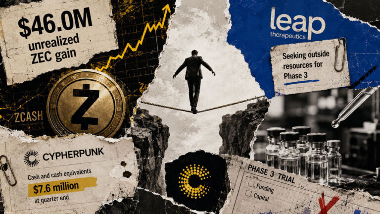 Editorial collage depicts Cypherpunk balancing a $46M ZEC paper gain against Leap Therapeutics’ Phase 3 funding needs.