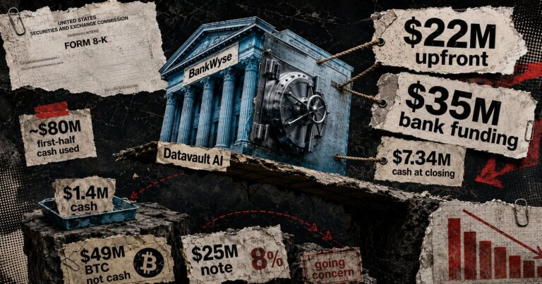 Editorial collage of BankWyse and Datavault AI surrounded by funding obligations, cash figures, Bitcoin holdings, debt terms, and a going-concern warning.