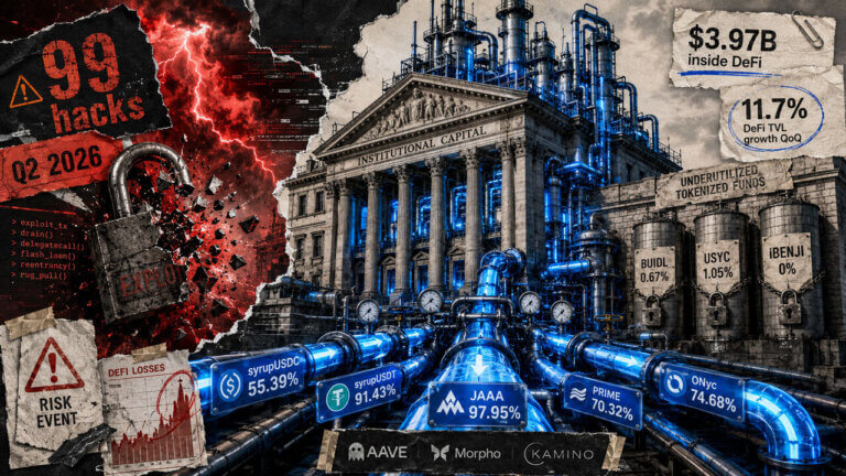 Institutional building transforms into a DeFi refinery routing tokenized credit through blue pipelines while red hack pressure attacks from the left.
