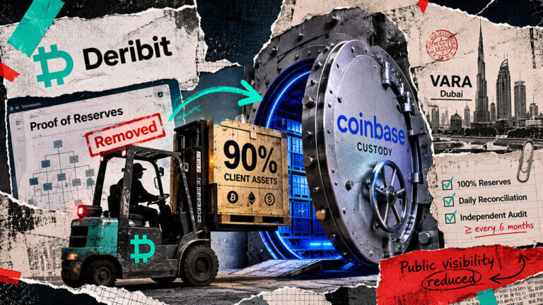 Deribit’s public reserves dashboard is marked removed beside a vault opening to Coinbase custody, with VARA audits shown as remaining controls.