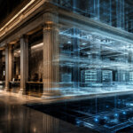 Grand financial hall transitions into transparent digital architecture, revealing the onchain infrastructure beneath traditional finance.