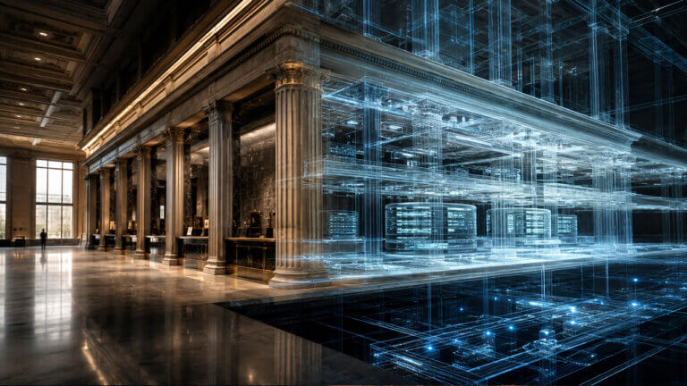 Grand financial hall transitions into transparent digital architecture, revealing the onchain infrastructure beneath traditional finance.