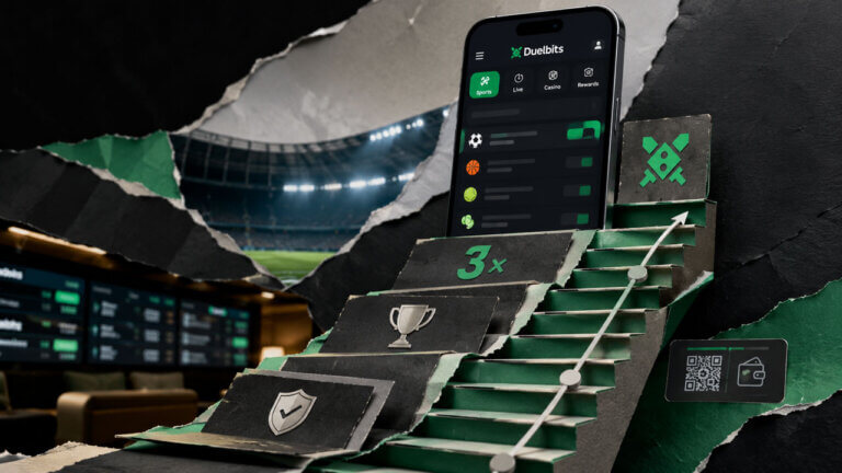 Duelbits sportsbook app rising above layered reward steps with 3× progress, stadium lighting, and secure crypto payment cues.