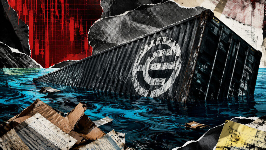 Capsized container with distressed WLD symbol sinking in electric blue liquid, surrounded by torn ledger and inventory collage fragments.