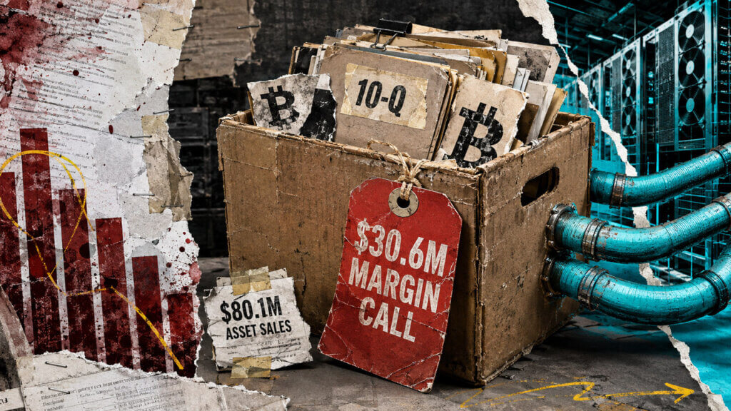 Editorial collage of a tagged filing box with margin call and asset sale labels amid Bitcoin collateral pressure.