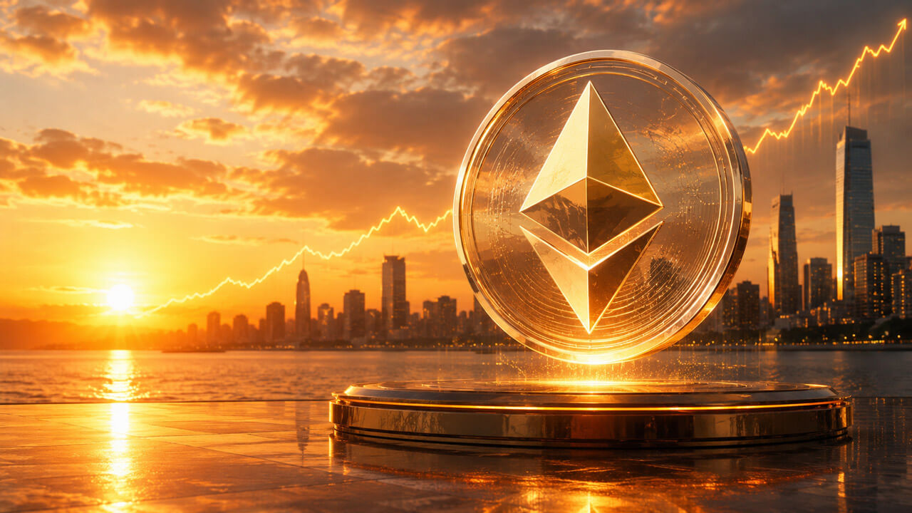 Large golden Ethereum token above a waterfront city skyline with a rising price chart at sunset.