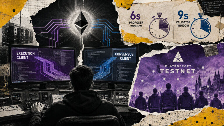 Node operator monitors Ethereum execution and consensus clients as Platåberget testing highlights 6s proposer and 9s validator windows.