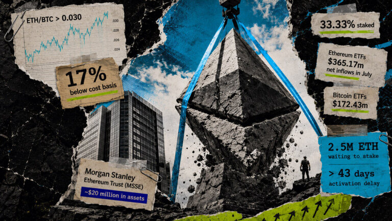 A fractured Ethereum monument is lifted upward amid ETF inflows, record staking, ETH/BTC gains, and a 17% cost-basis deficit.