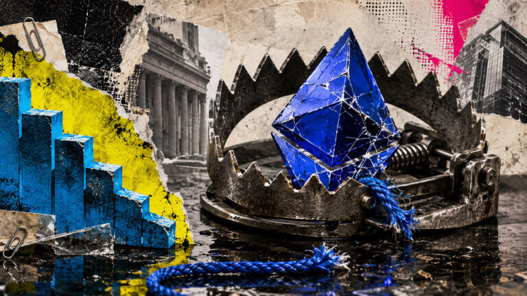 Cracked Ethereum crystal caught in an industrial trap with a severed blue rope, representing leveraged staking strategies turning unprofitable.
