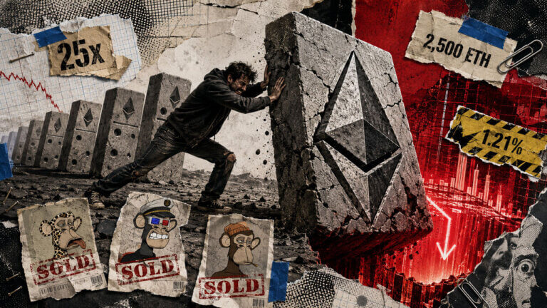 Trader braces against a falling Ethereum monolith as sold NFT cards lie below and a red liquidation pit opens beside it.