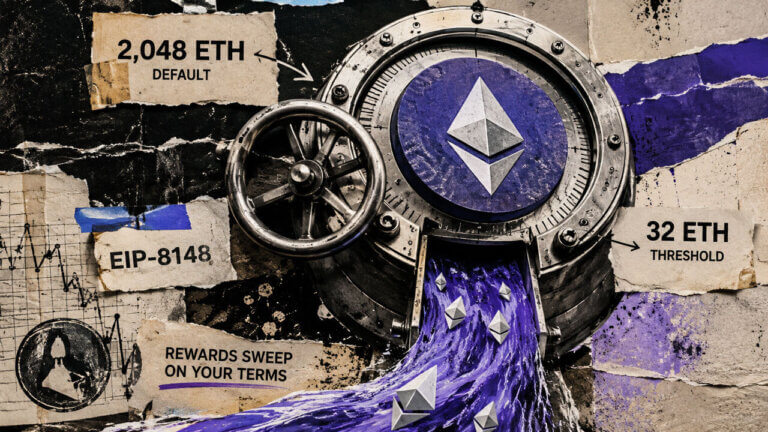 Ethereum-themed vault gate channels staking rewards through a 32 ETH threshold, illustrating proposed control over automatic reward sweeps.