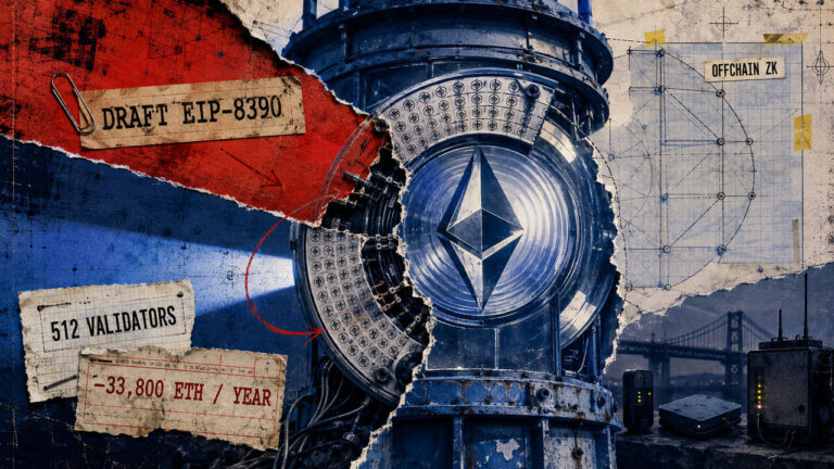 Editorial collage of a severed Ethereum beacon contrasting the 512-validator sync committee with an unfinished offchain ZK replacement.