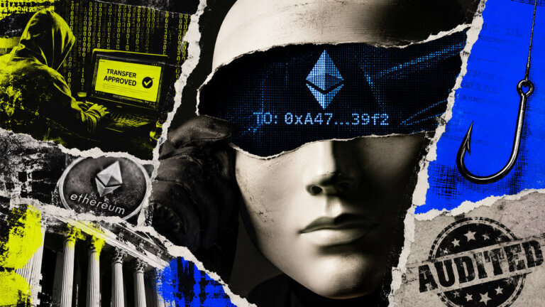 Masked face displays an Ethereum transfer approval while a hacker, phishing hook and Audited stamp expose deceptive signing-interface risks.