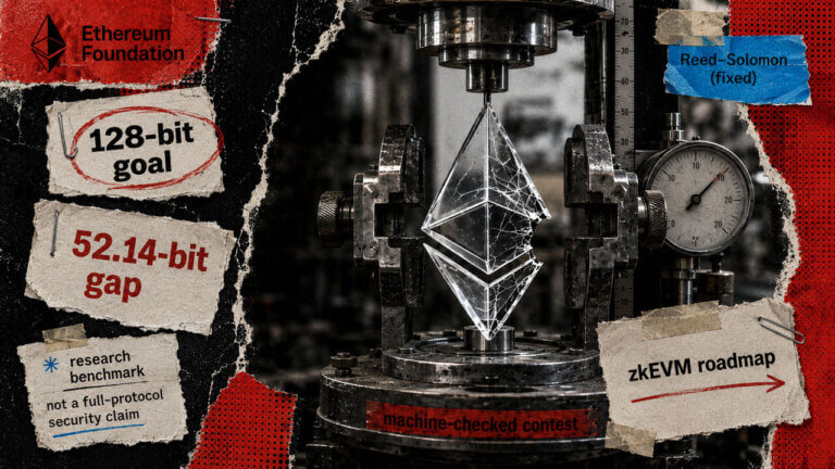 Cracked Ethereum crystal under a mechanical stress tester symbolizes the machine-checked zk-security benchmark, research gap, and zkEVM roadmap.