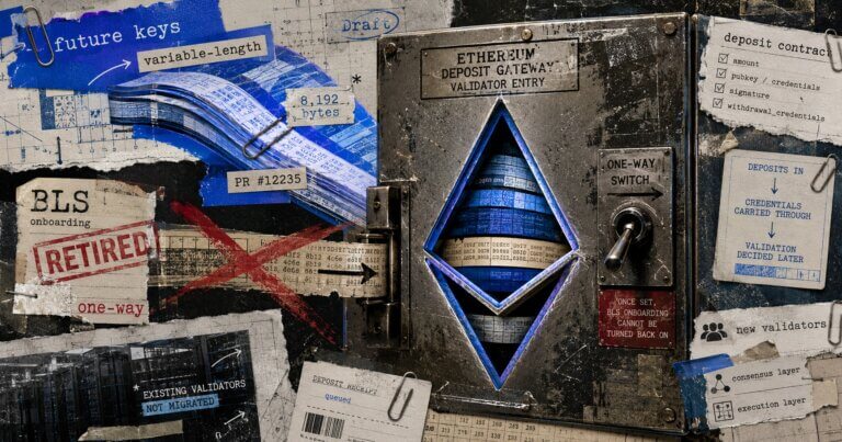 ditorial collage of an Ethereum deposit gateway with a one-way BLS retirement switch, future variable-length keys, and notes that existing validators are not migrated.
