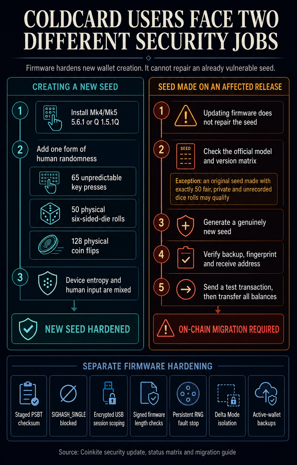 Flowchart showing when Coldcard users need only hardened seed creation and when affected seeds require an on-chain fund migration