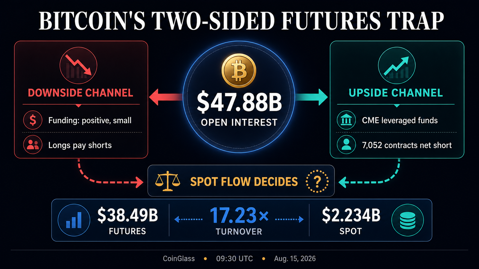 Bitcoin's two-sided futures trap showing $47.88 billion of open interest, a downside long-unwind channel, an upside short-covering channel and 17.23-times futures-to-spot turnover.