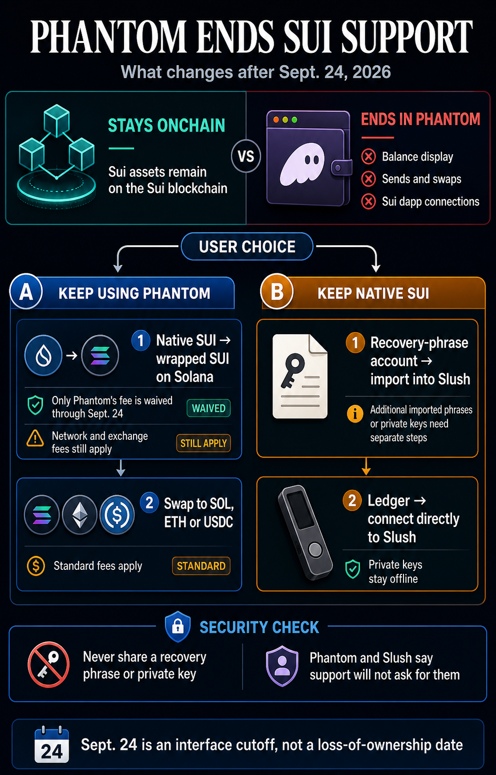 Infographic showing that Sui assets remain onchain after Phantom ends support on Sept. 24, with swap, Slush import and Ledger connection options.