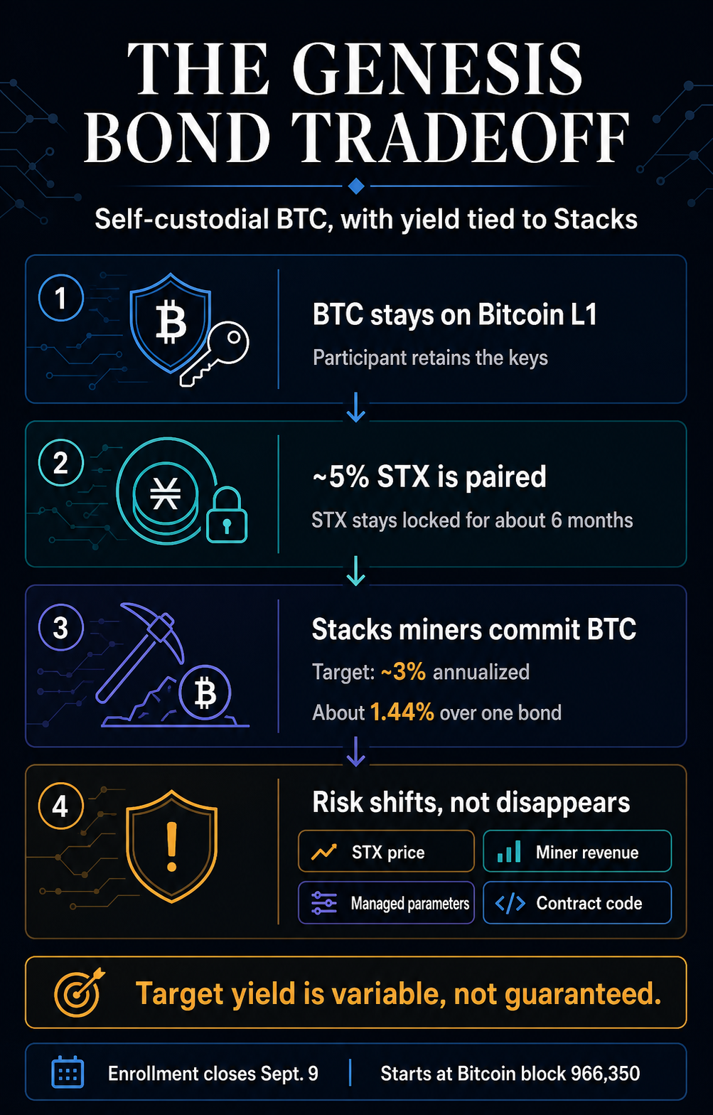 Flow diagram of the Stacks Genesis Bond tradeoff: BTC remains on Bitcoin under participant keys, roughly 5% STX is paired and locked, miner BTC funds a variable target yield, and risk shifts to STX price, miner revenue, managed parameters and contract code.