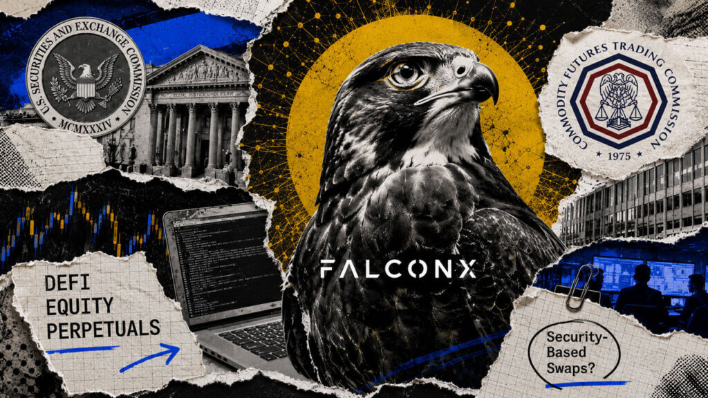 Mixed-media collage features a FalconX falcon with SEC and CFTC imagery, DeFi equity perpetuals, trading charts, and swap scrutiny.
