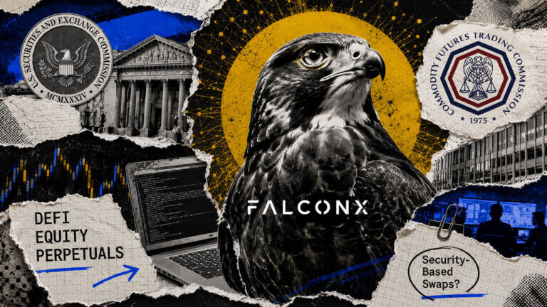 Mixed-media collage features a FalconX falcon with SEC and CFTC imagery, DeFi equity perpetuals, trading charts, and swap scrutiny.