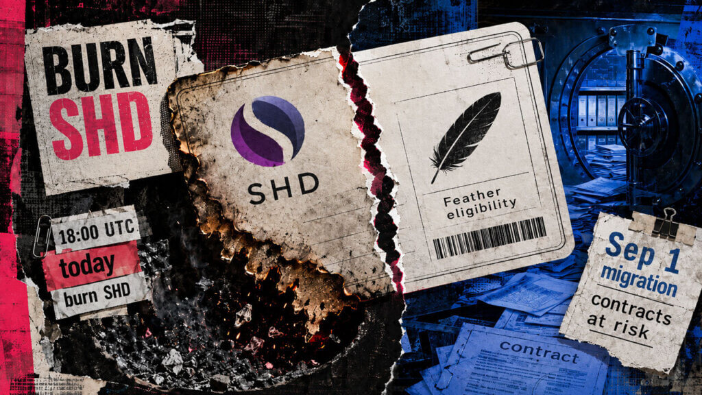 Editorial collage of a burned SHD pass torn from a Feather eligibility card, split against a vault of contracts and a Sep. 1 migration warning.