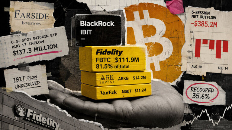 Fidelity dominates Aug. 17 Bitcoin ETF inflows with $111.9M as BlackRock IBIT remains unresolved after a $385.2M five-session outflow.