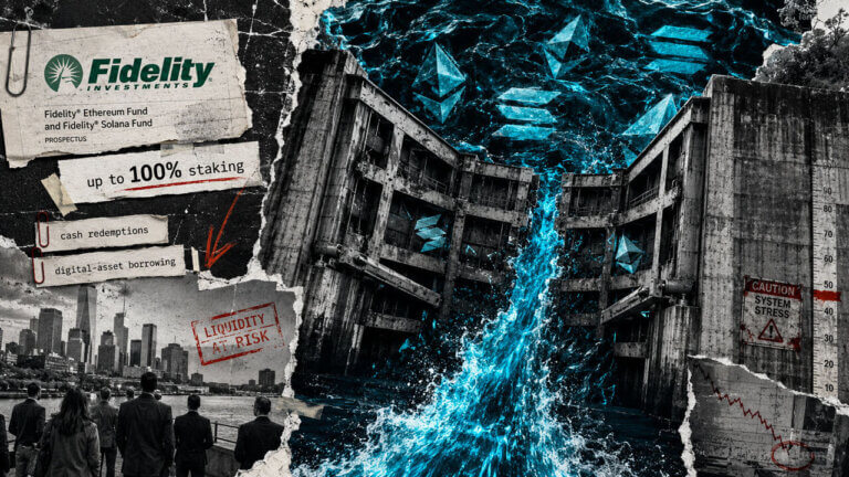 Fidelity staking collage shows Ethereum and Solana symbols swept through a stressed liquidity channel beside 100% staking and redemption cues.