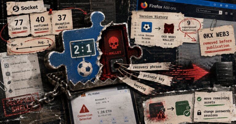 Editorial collage of a Firefox extension trap exposing wallet secrets, with sports-score shells, malicious add-ons, Socket statistics, and remediation steps.