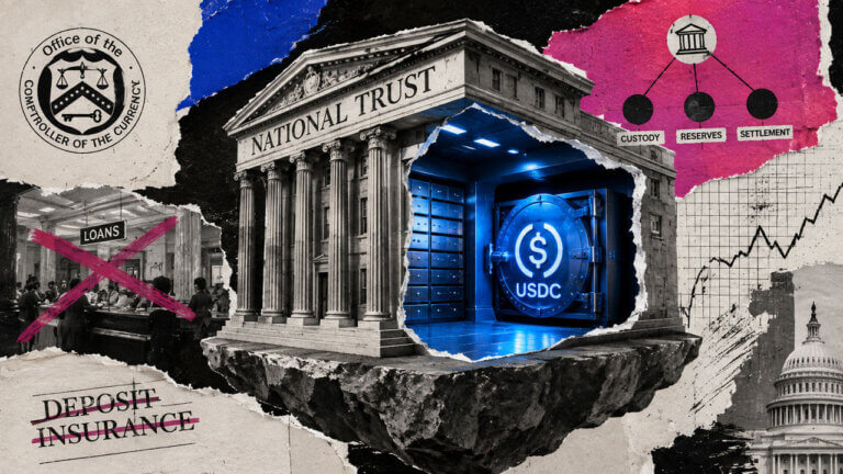 Torn-paper collage of a National Trust bank on a floating slab, exposing a blue USDC vault while traditional lending functions are excluded.