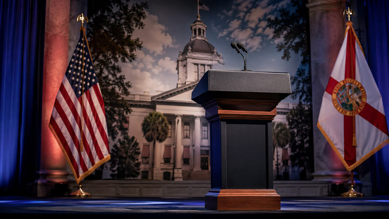 Empty campaign podium between the United States and Florida flags with the Florida State Capitol illuminated in the background.