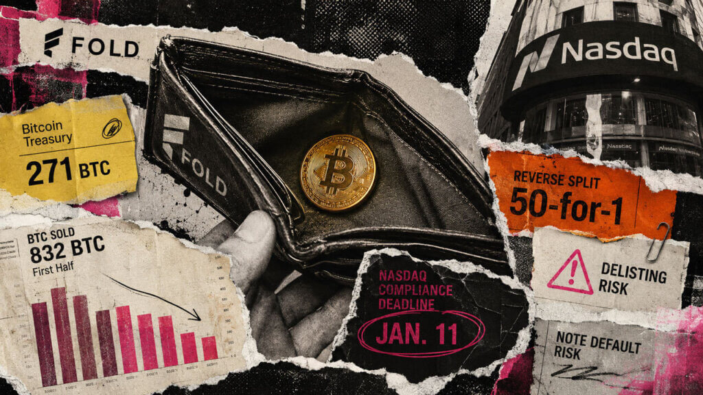 Fold’s nearly empty Bitcoin wallet sits amid Nasdaq deadline, delisting, reverse-split and treasury-loss evidence in a torn-paper collage.