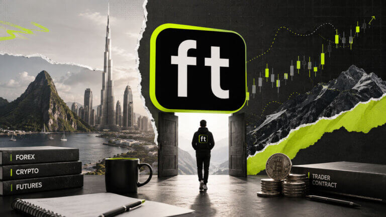 For Traders logo forms a gateway between global markets, forex, crypto and futures imagery in a layered editorial collage.