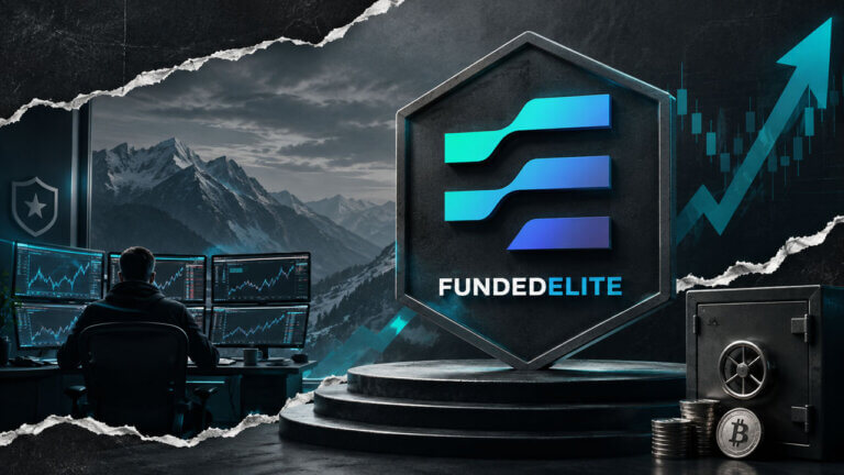 FundedElite branding dominates a prop trading command center with a trader, secure vault, market screens, and layered mountain collage textures.