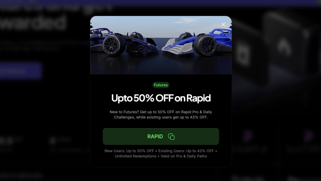 FundedNext RAPID futures promotion offering up to 50% off Rapid plans.