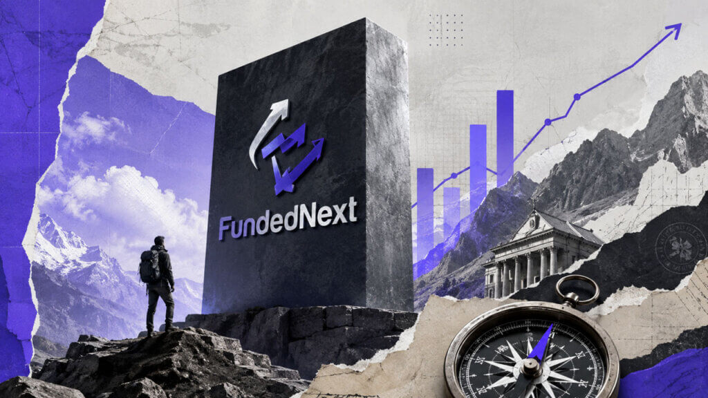 FundedNext monument beside a rising staircase toward a mountain summit, symbolizing trader progression, funding access, and ambition.