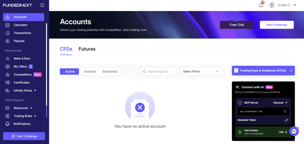 FundedNext trader dashboard showing funded account performance and account controls.