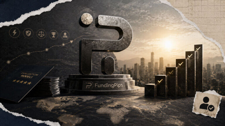 FundingPips editorial collage with monumental logo, evaluation materials and ascending milestones representing trader progression and funding.