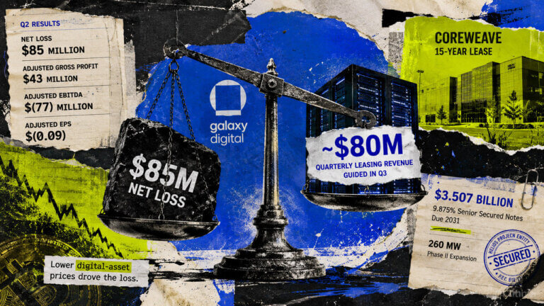 Editorial collage balancing Galaxy Digital’s $85M crypto loss against projected $80M quarterly AI data-center lease revenue.