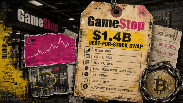 GameStop pricing tag details the $1.4B debt-for-stock swap, 35-day VWAP window, pending share count, and pledged Bitcoin.