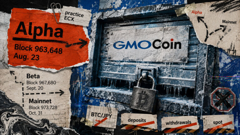 GMO Coin shutter locked with a Bitcoin padlock beside eCash Alpha, Beta and Mainnet roadmap fragments showing possible service disruption.