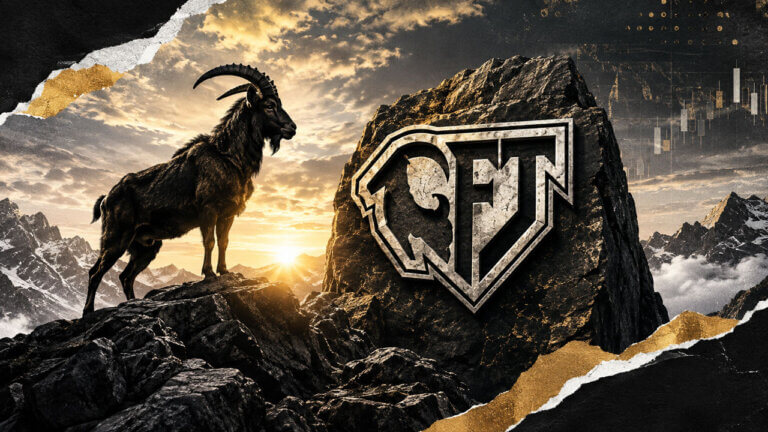 Goat Funded Trader editorial cover with mountain goat, GFT stone emblem, alpine peaks and subtle market graphics in black and gold.