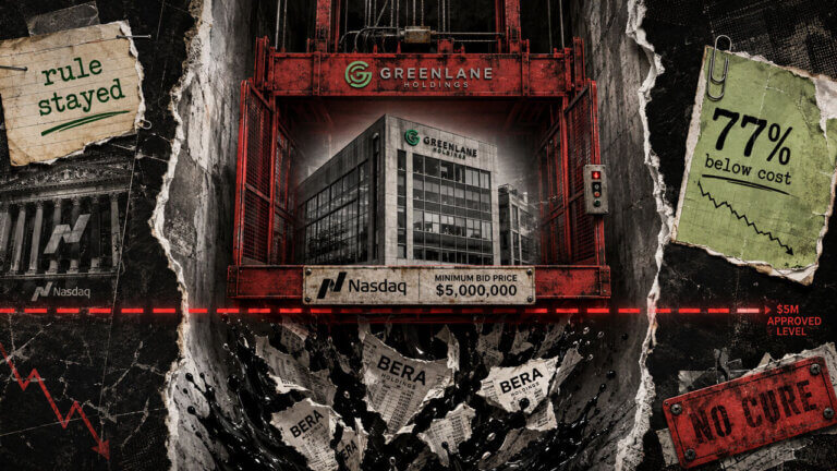 Greenlane descends in a freight elevator toward Nasdaq’s $5M threshold as BERA fragments fall below, signaling mounting listing risk.
