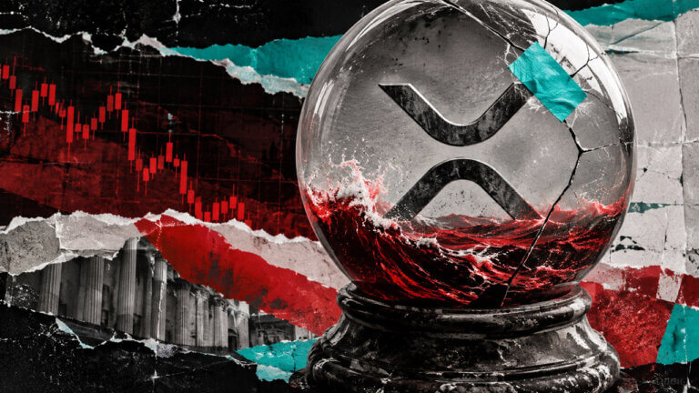 Cracked glass globe with an XRP symbol contains turbulent red-black waves, patched with cyan tape amid falling market charts.