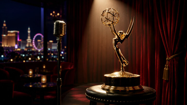Emmy-style trophy on a small stage with a vintage microphone and a blurred Las Vegas skyline in the background, representing Hacks and its awards prospects.