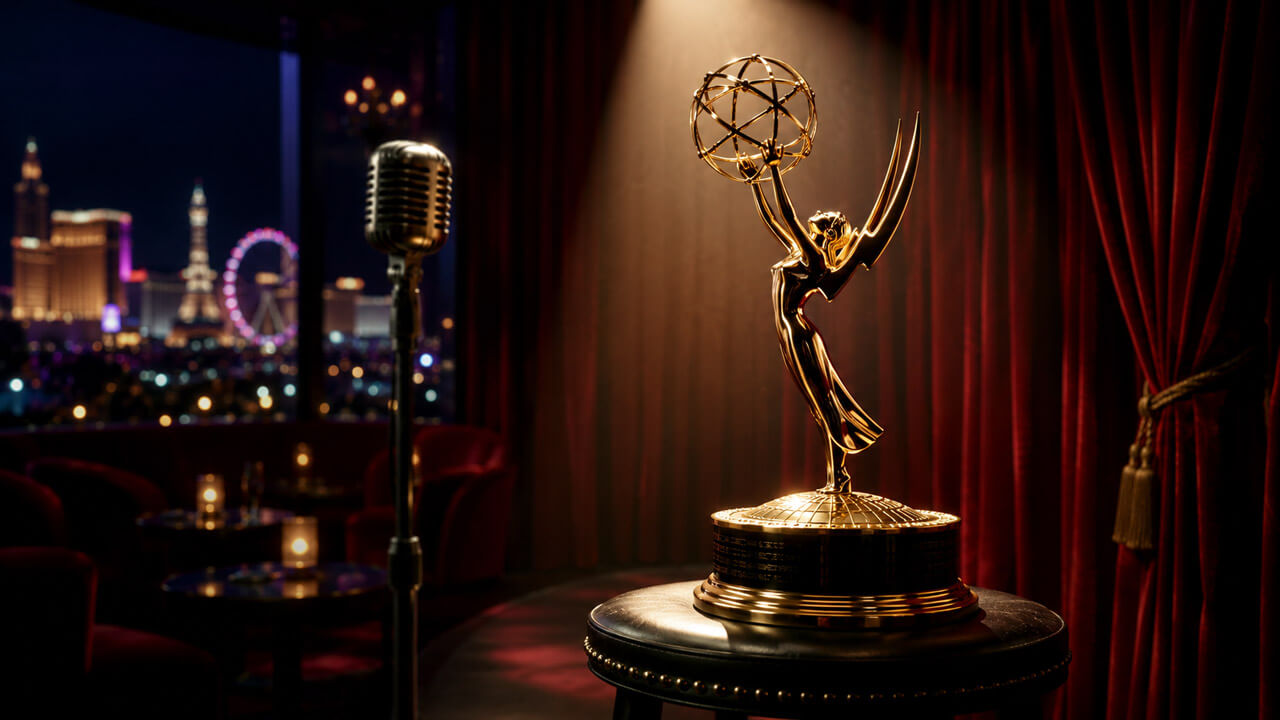 Emmy-style trophy on a small stage with a vintage microphone and a blurred Las Vegas skyline in the background, representing Hacks and its awards prospects.