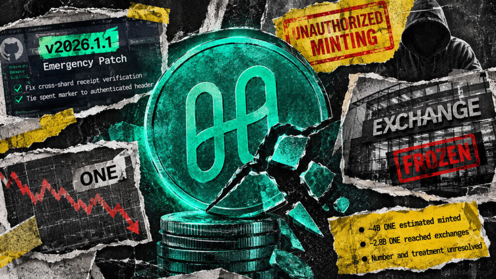 Editorial collage of a fractured Harmony ONE token with emergency patch notes, exchange freezes, and disputed unauthorized minting estimates.