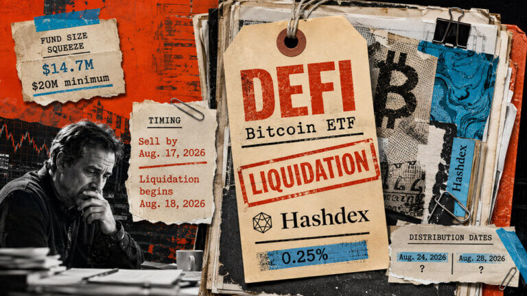 Bitcoin and cash fragments are pulled toward a glowing vault door, representing the forced exit from Hashdex’s closing DEFI Bitcoin ETF.