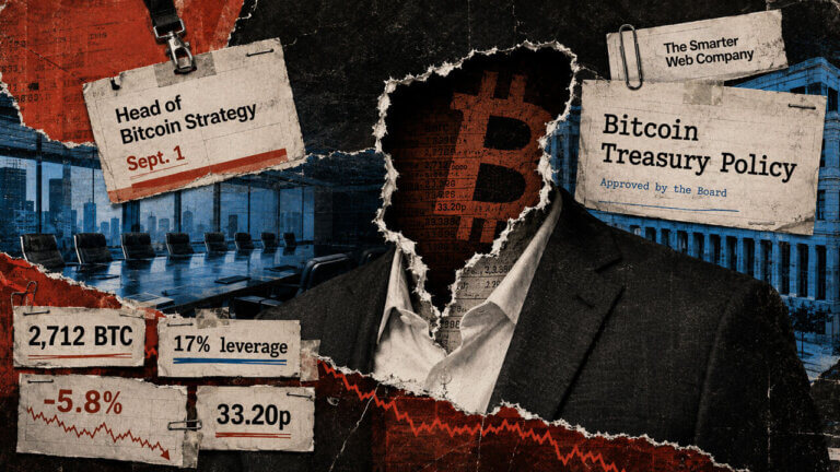 Headless business suit with a Bitcoin-shaped void symbolizes Smarter Web’s unresolved strategy handoff under continued board oversight.